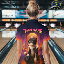Load image into Gallery viewer, Women’s retro funny cat bowling polo shirt, back view on female model in bowling lane 