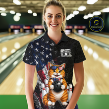Load image into Gallery viewer, Woman wearing a themed bowling shirt with a cat american flag design in a bowling alley.