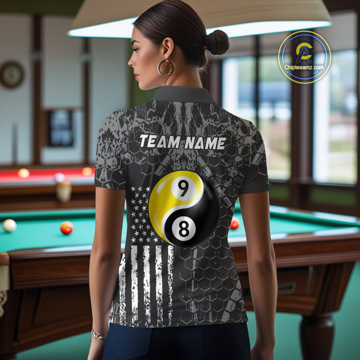 Custom US Eagle 8 9 Ball Yin Yang Billiard Shirts for Women Billiard Team Shirts Billiard League Polo & 1/4 Zip NNT91
