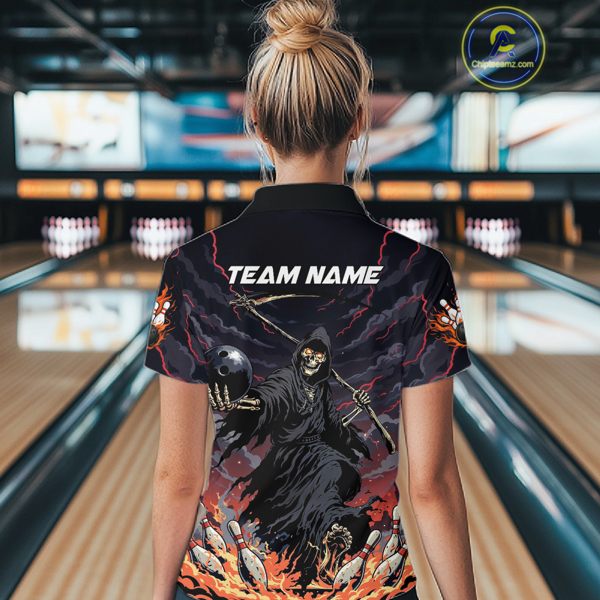 Custom Grim Reaper Flame Bowling Jersey for Women Bowling Team Shirts Polo & 1/4 Zip HNT193
