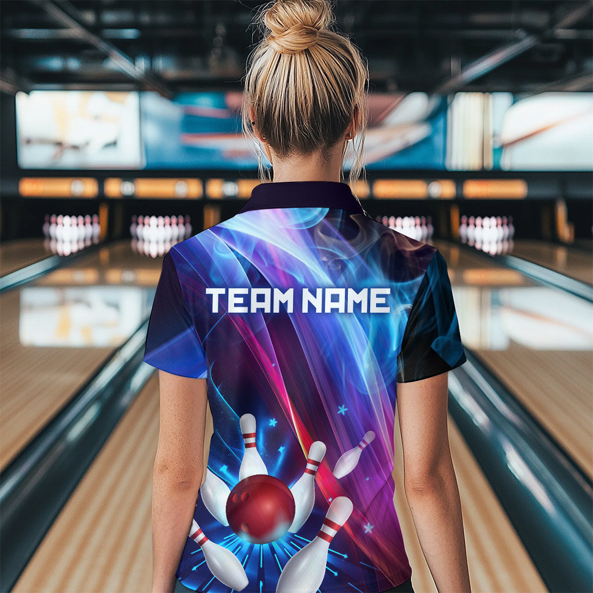 Personalized Galaxy Bowling Pins and Ball Shirt Blue & Purple Neon Polo Bowling Team League QZT664