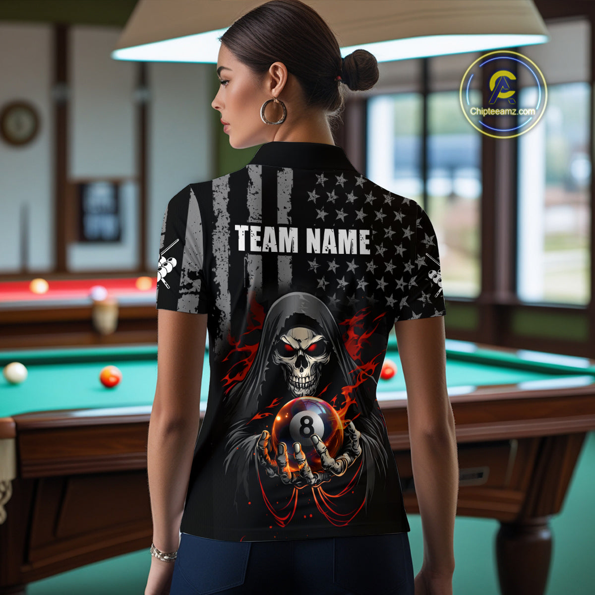 US Flag Skull Billiard Team Jersey for Women Billiard Shirt Polo & 1/4 Zip NNT40