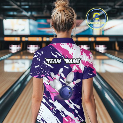 Custom Pink&Purple Bowling Shirts for Men Women Team Bowling Polo and Quarter Zip MBL117