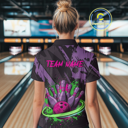 Custom Colorful Bowling Women Shirts Bowling Uniform Polo & 1/4 Zip Bowling Team Jerseys HNT99