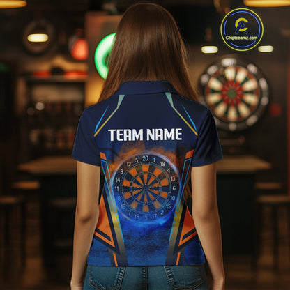 Women’s Custom Darts Team Shirt With Blue Grunge Texture And Fiery Dartboard NYN0312