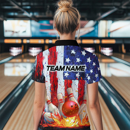 Fire American Flag Bowling Shirt Patriotic Bowling Jersey Men Women Team Polo&1/4 Zip MBL65