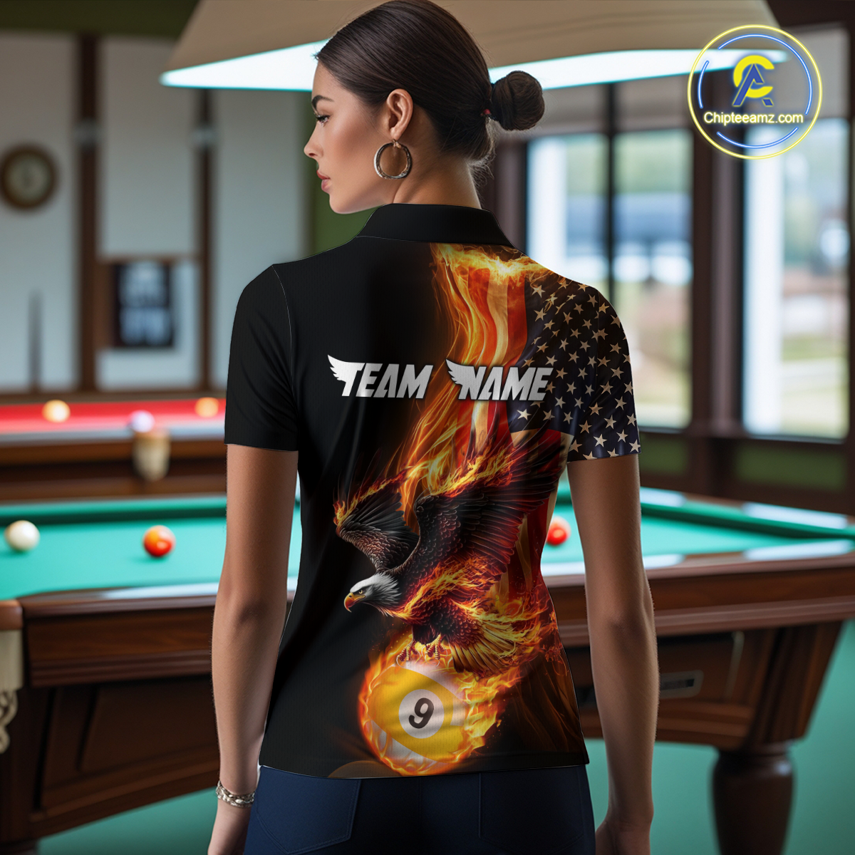 Custom 9 Ball American Flag Flaming Billiard Shirts for Women Billiard Team Shirt Billiard League NNT72
