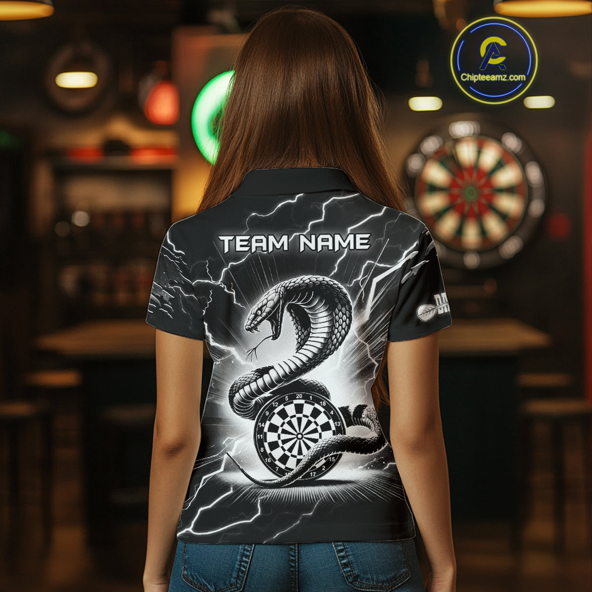 Custom Women's Dart Shirt – Black & White Lightning Cobra Design – Personalized Dart Team Jersey TDM3882