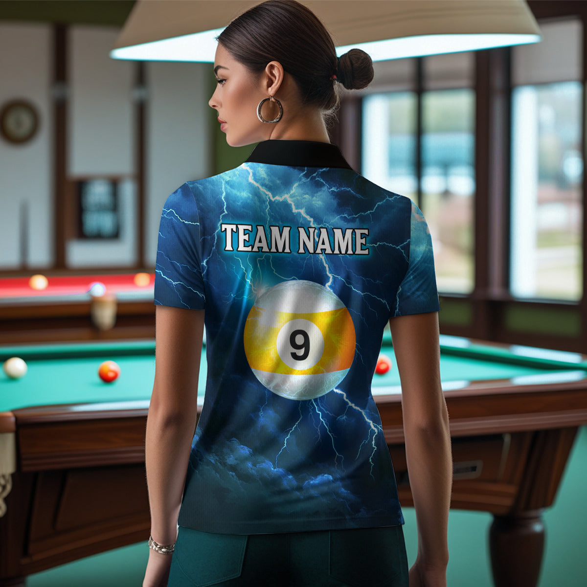 Blue Thunder 8 & 9 Ball Billiards Shirt Women Team Polo & 1/4 Zip Shirts Billiard Jersey NNT17