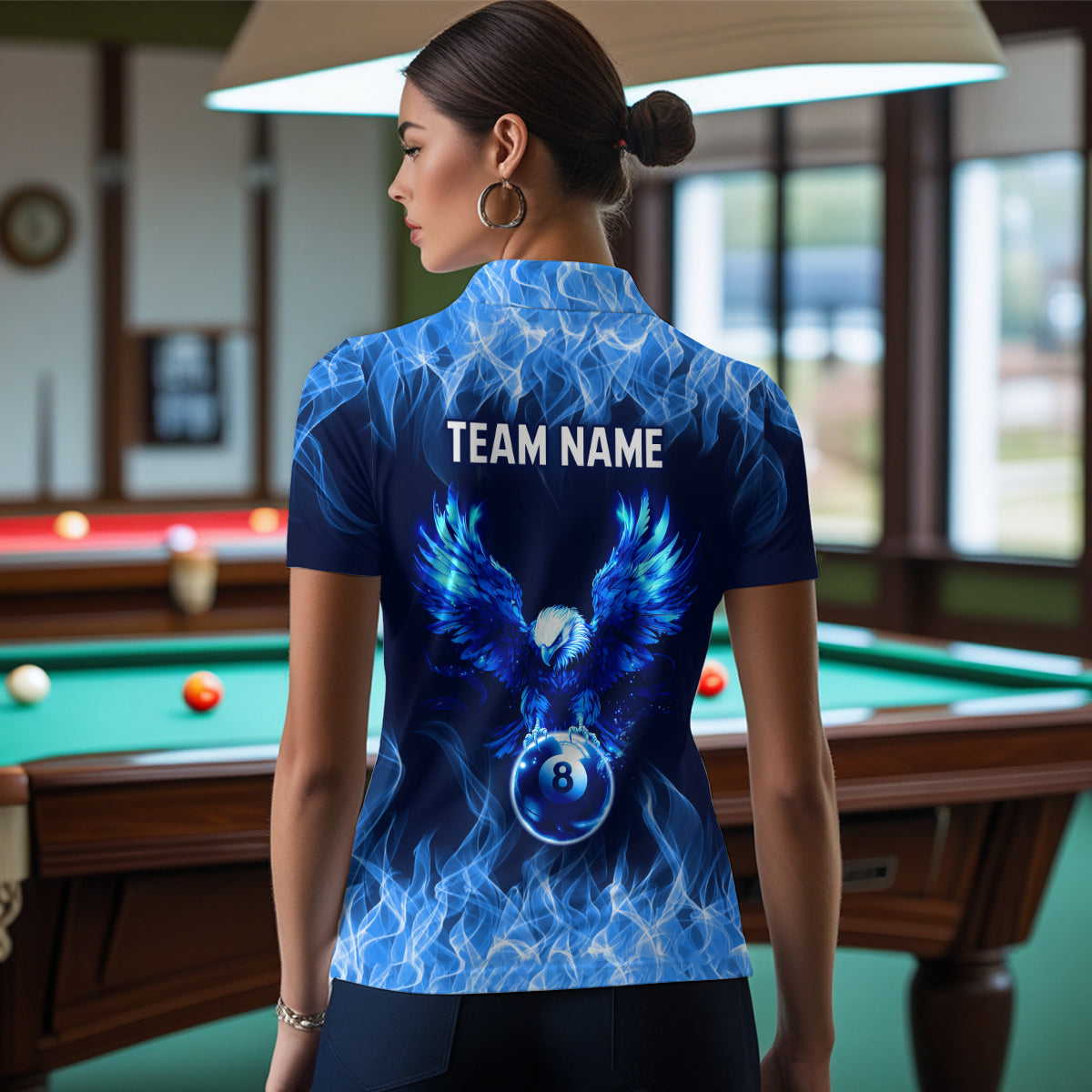 Personalized Blue Eagle Flaming 8 Ball Pool Bliiard Polo & 1/4 Zip, Billiard Shirt for Women Team NNT36