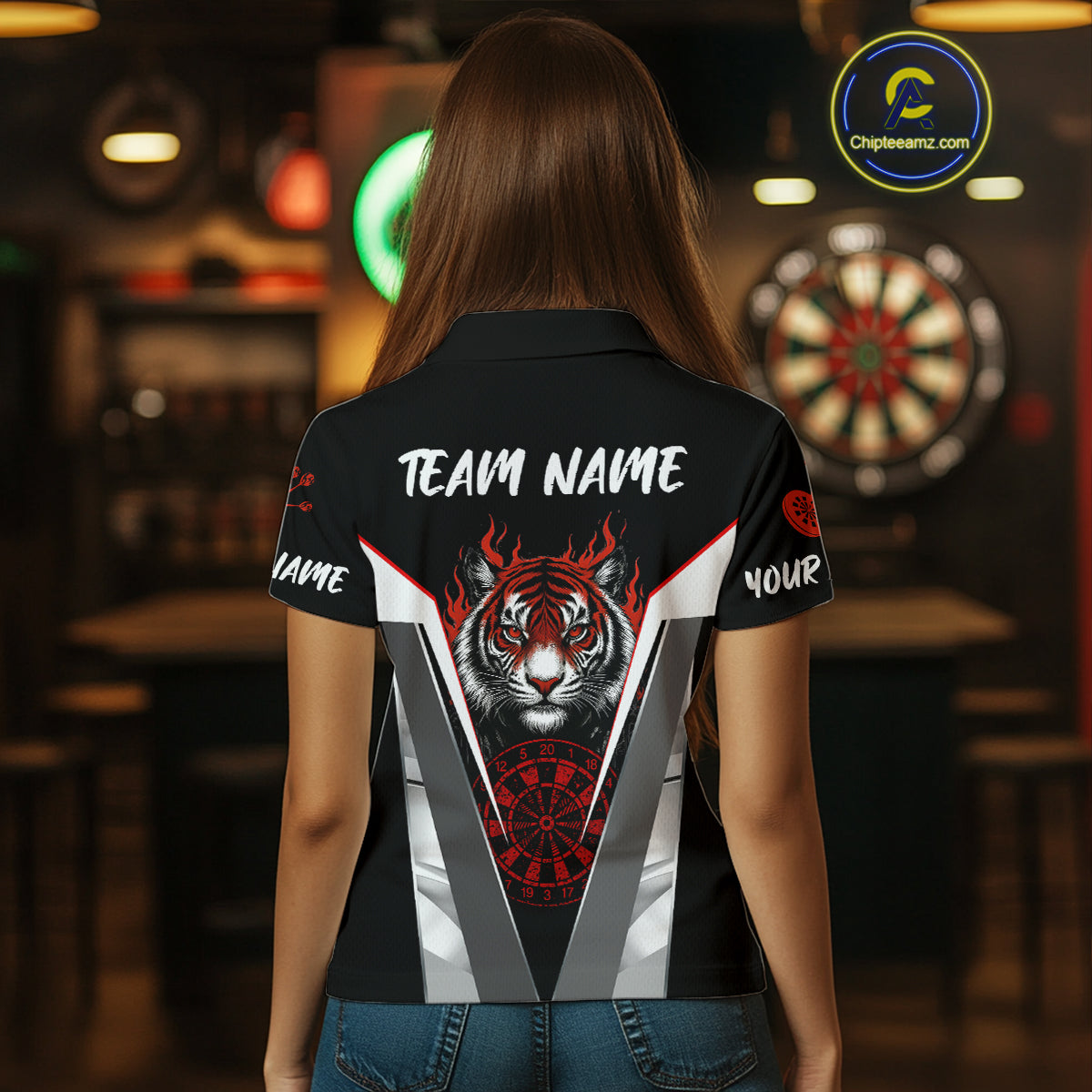 Custom Women's Dart Team Shirt With Roaring Tiger Dartboard - Silver & Black Jersey NYN0337
