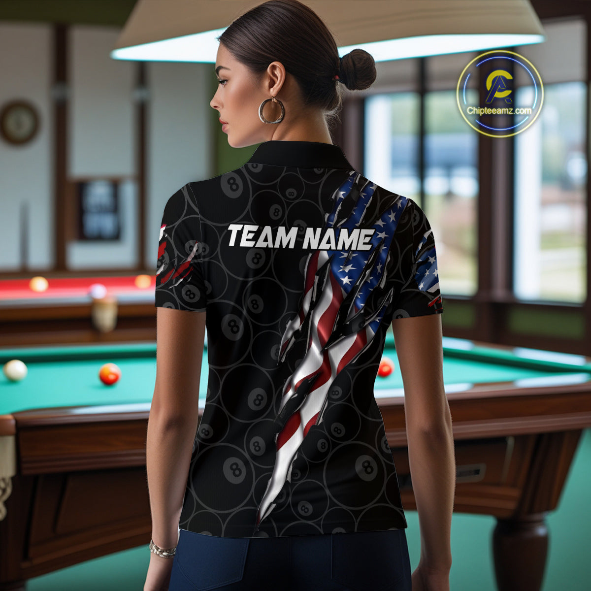American Flag Scratch Billiard Shirt For Women, Custom 8 Ball Pool Team Jersey Polo & 1/4 Zip TDM4030