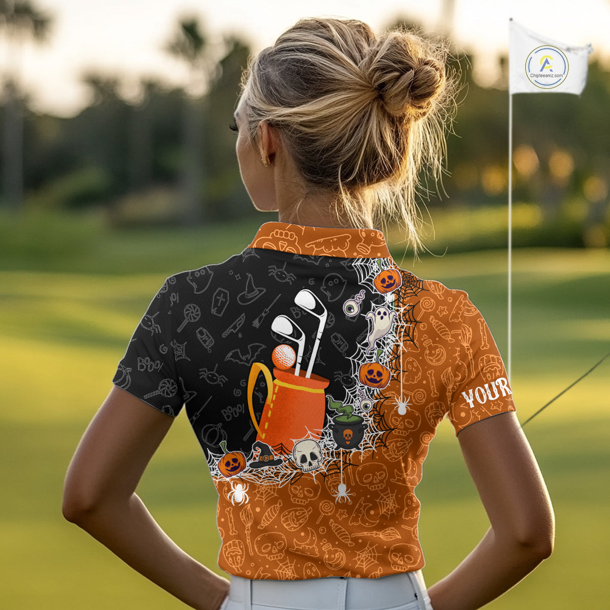 Halloween Skull Playing Golf Women Golf Polo Shirt Custom black & orange Halloween mens golf outfit NQS10341