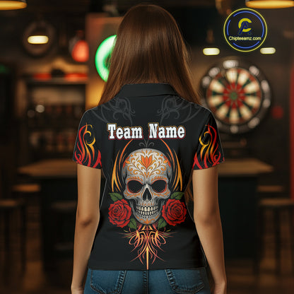 Women's Custom Darts Shirt With Roses Skull Polynesian Pattern And Red Dartboard NYN0254