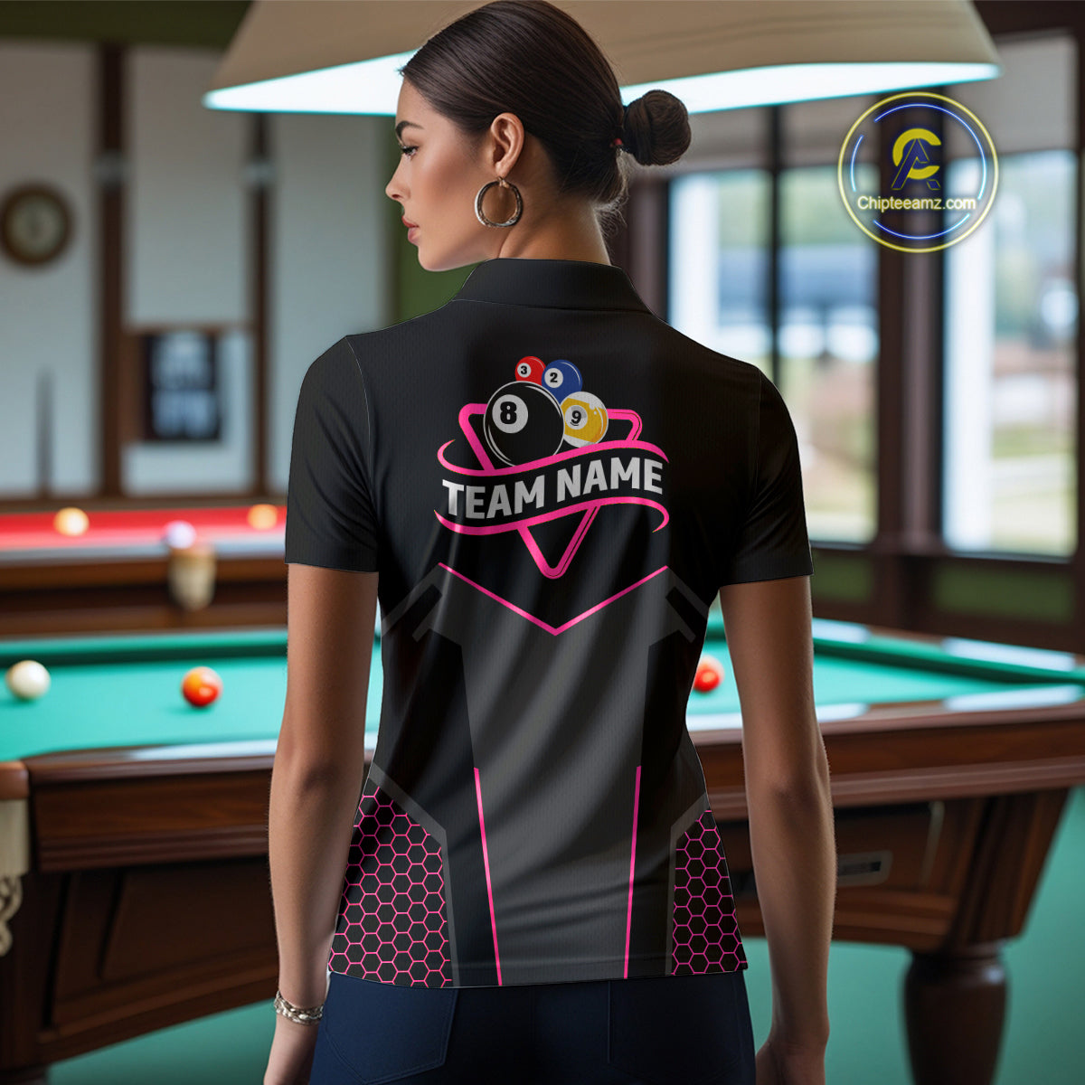 Personalized 8 Ball & 9 Ball Pool Billiard Polo, 1/4 Zip For Women Custom Team Billiard Jersey|Pink TDM4048