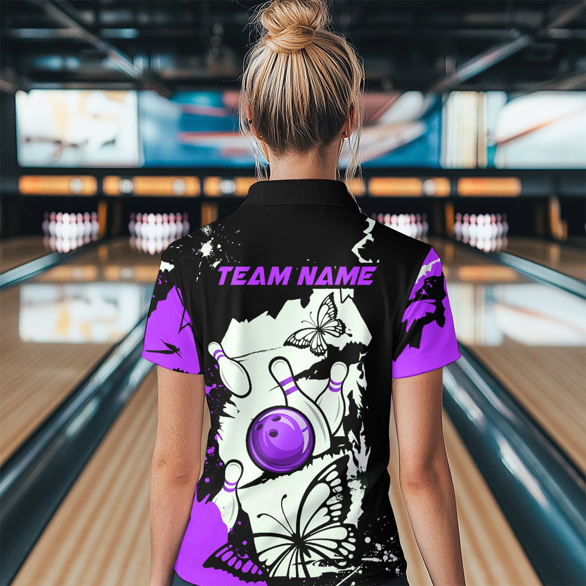 Custom Purple Butterflies Bowling Shirt for Men Women Team Bowling Polo&Quater Zip MBL76