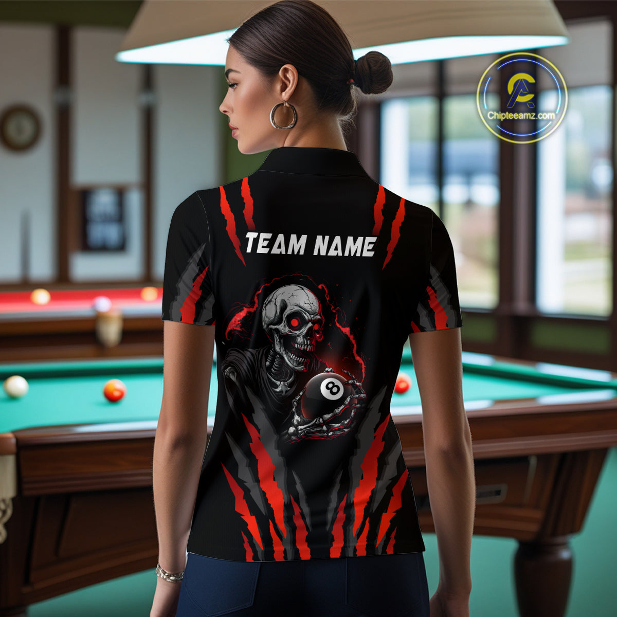 Personalized Skull Billiard Team Jerseys Billiard Shirts for Women Polo & 1/4 Zip Shirts NNT43