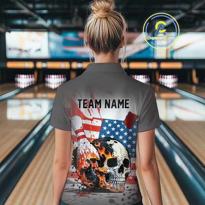 Custom American Flag Skull Flame Bowling Women Polo & 1/4 Zip Shirts Bowling Team Jerseys HNT91