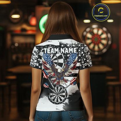 Custom Dart Shirt For Women, Grunge Eagle American Flag Black White Polo, 1/4 Zip Darts Jersey TDM3877