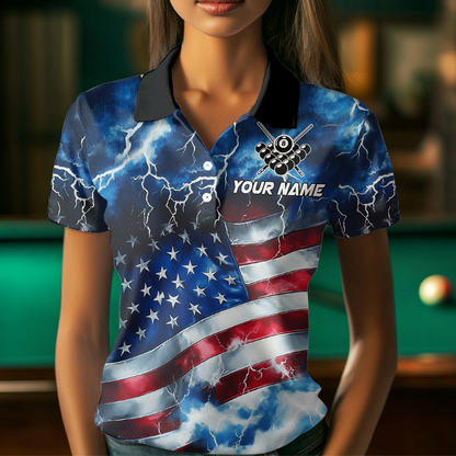 US Flag Thunder Billiards Shirt Women Polo & 1/4 Zip Shirts Billiard Team Jersey for Team NNT11