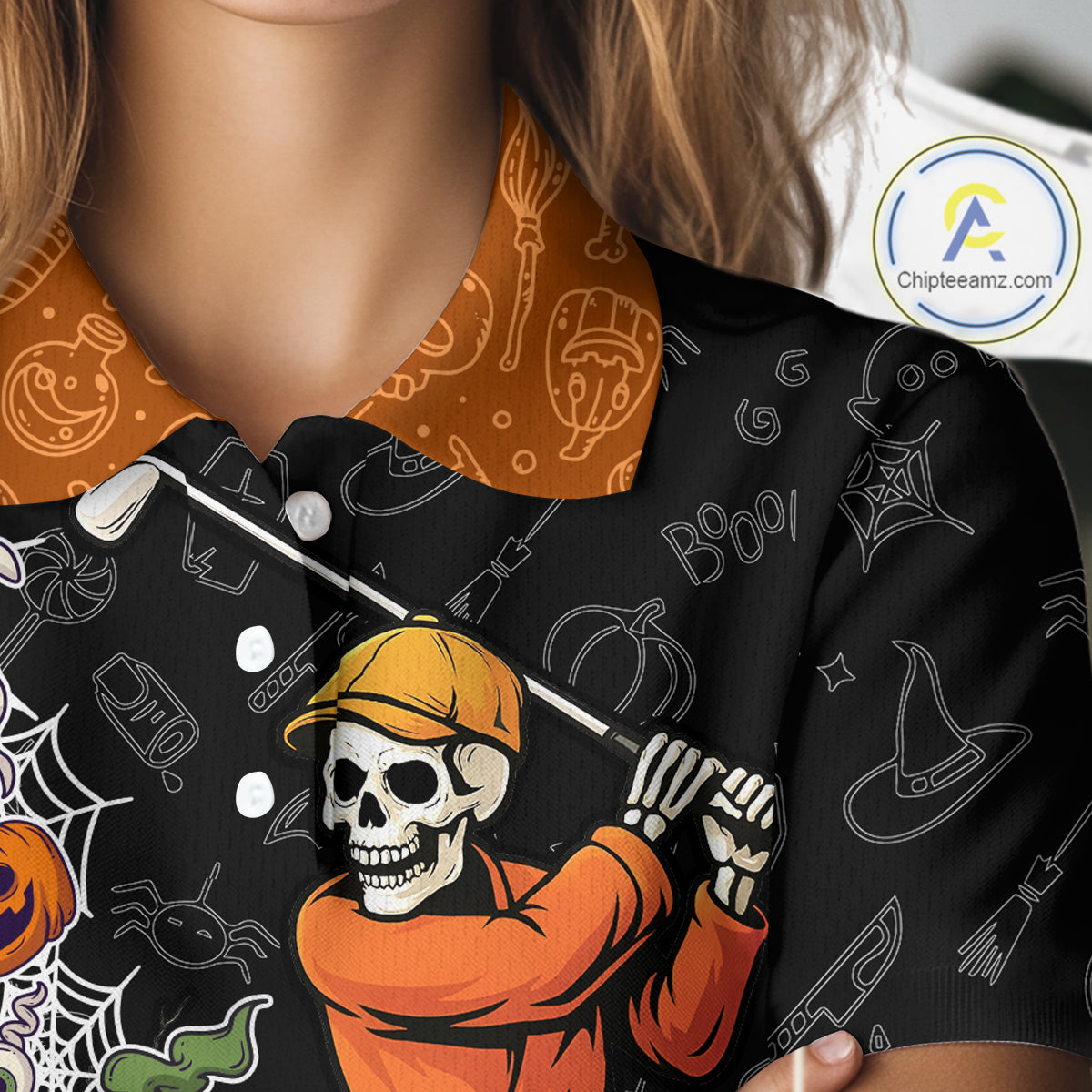 Halloween Skull Playing Golf Women Golf Polo Shirt Custom black & orange Halloween mens golf outfit NQS10341