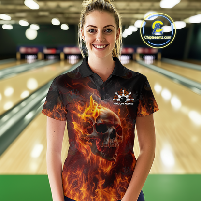 Custom Flame Skull Bowling Jersey for Women Bowling Uniform Polo & 1/4 Zip Bowling Team Shirts HNT112