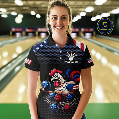 Custom American Flag Funny Chicken Bowling Team Jersey for Women Polo Bowling Shirt Unisex QZT710