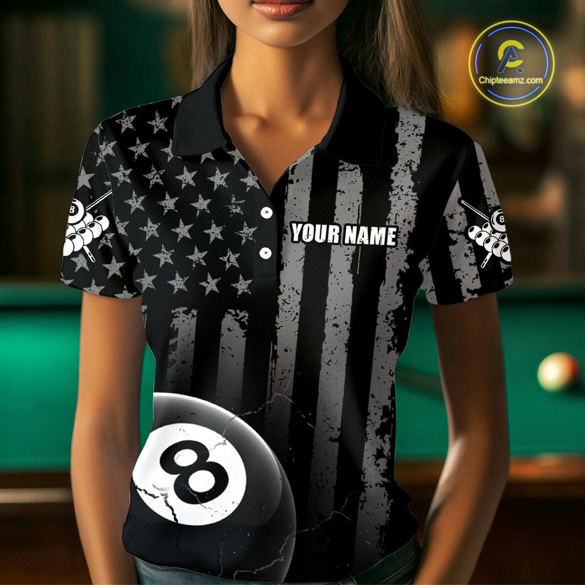 Custom American Flag 8 Ball Billiard Shirts for Women, Billiard Team Polo & 1/4 Zip Shirts NNT64