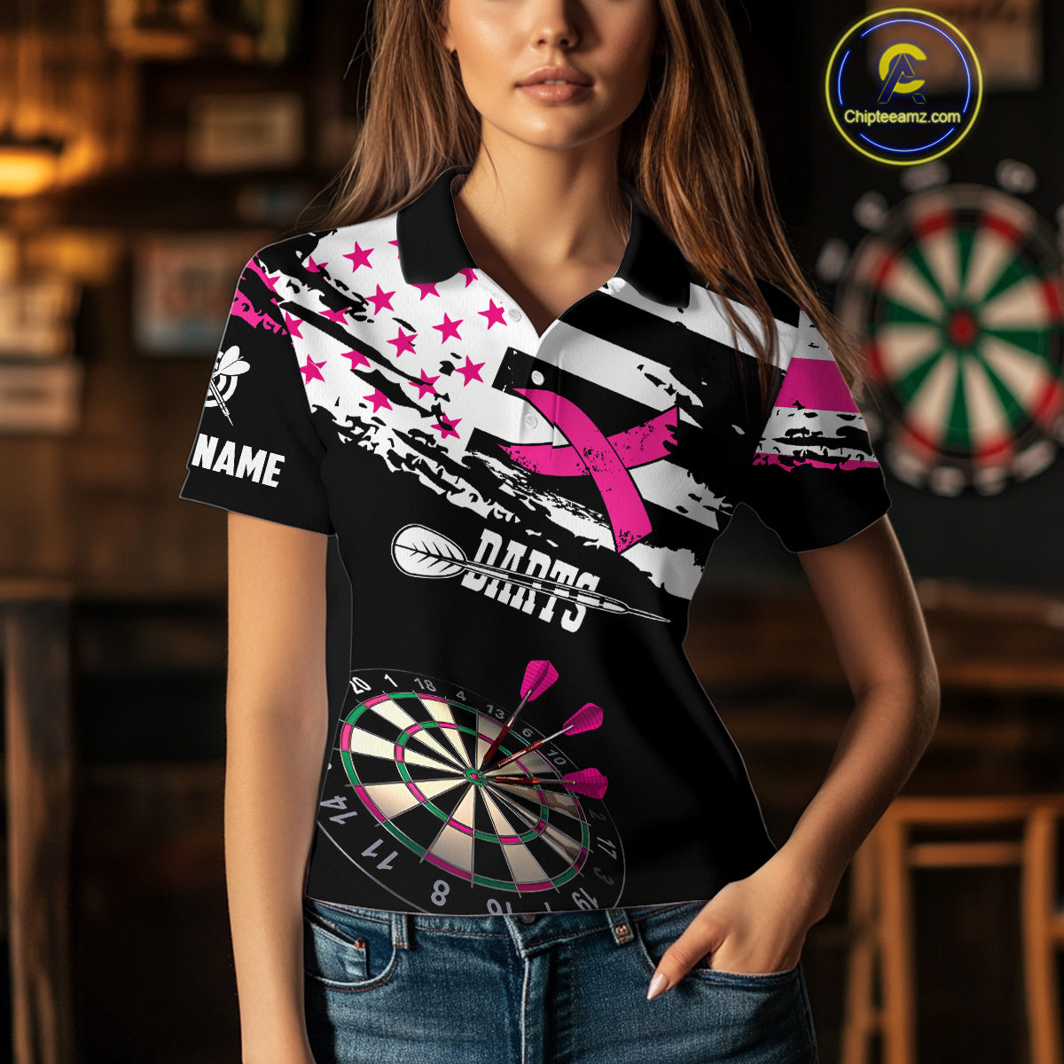 Personalized US Flag Pink Ribbon Darts Shirt For Women Custom Breast Cancer Awareness Darts Jersey TDM4493