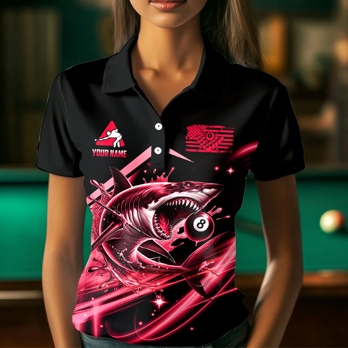 Red 8 Ball Pool Billiard Shark Polo & Quarter Zip For Women Custom Team League Billiard Jersey TDM3731