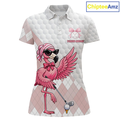 Pink Flamingo Golf Shirt For Women, Funny Argyle Patten Golf Polo Shirt, Ladies Golf Outfit For Team NHT731