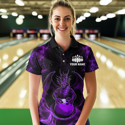 Purple Dragon Custom Name Bowling Shirts For Women, Bowling Team Jersey Polo & Quarter-Zip Shirt HNT39