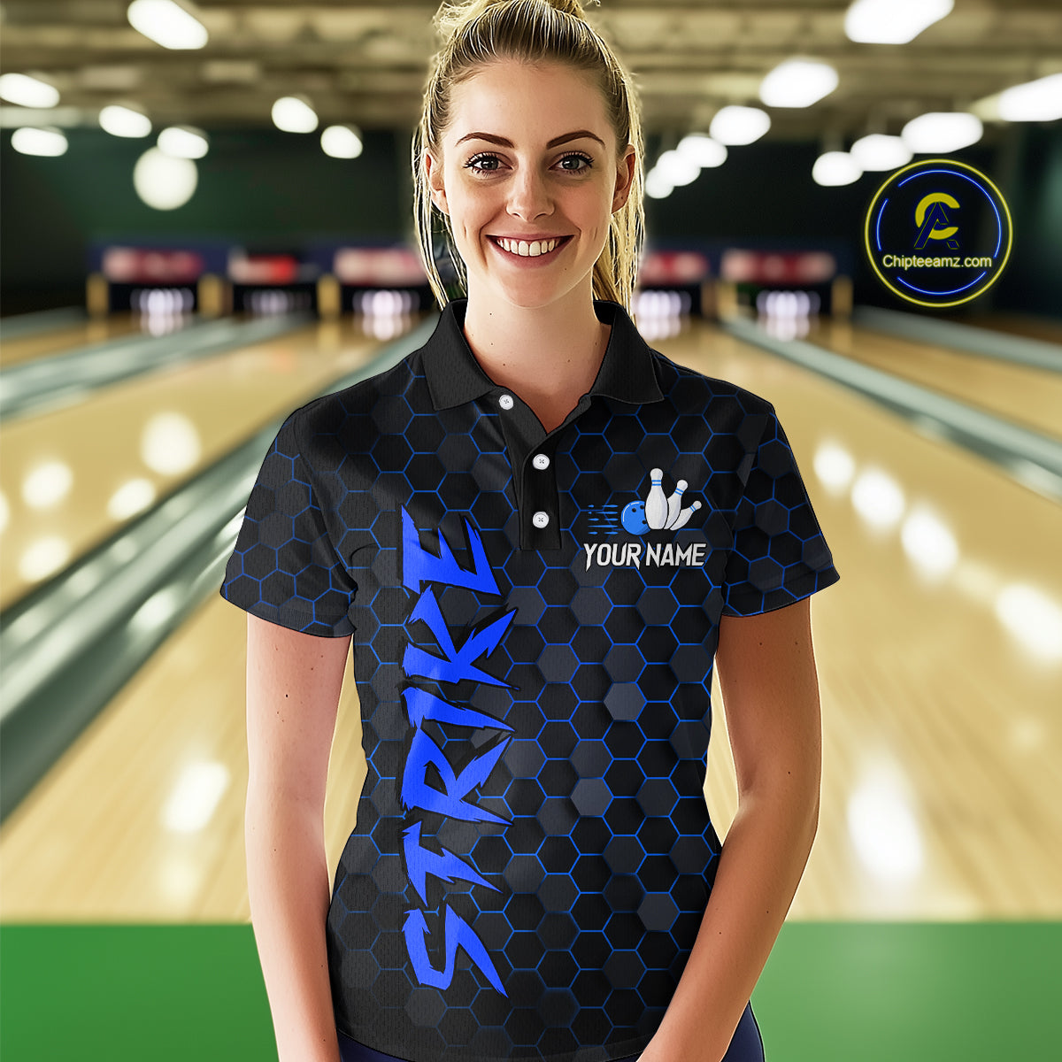 Custom Strike Blue Bowling Women Bowling Shirt Polo & Quarter-Zip Bowling Team Jerseys HNT79