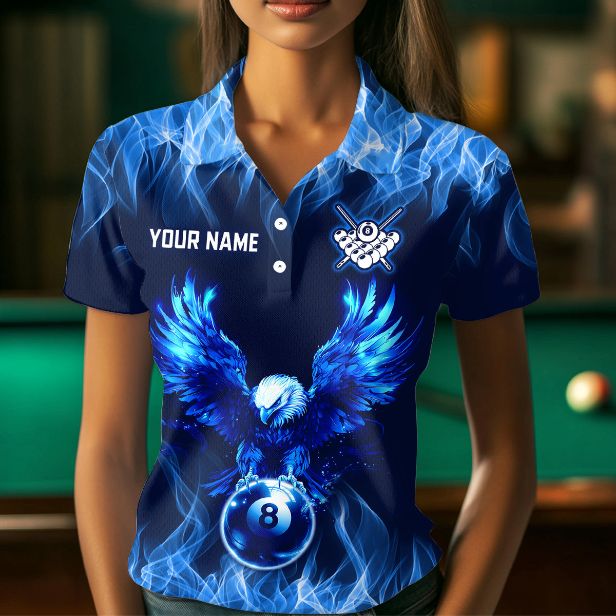 Personalized Blue Eagle Flaming 8 Ball Pool Bliiard Polo & 1/4 Zip, Billiard Shirt for Women Team NNT36