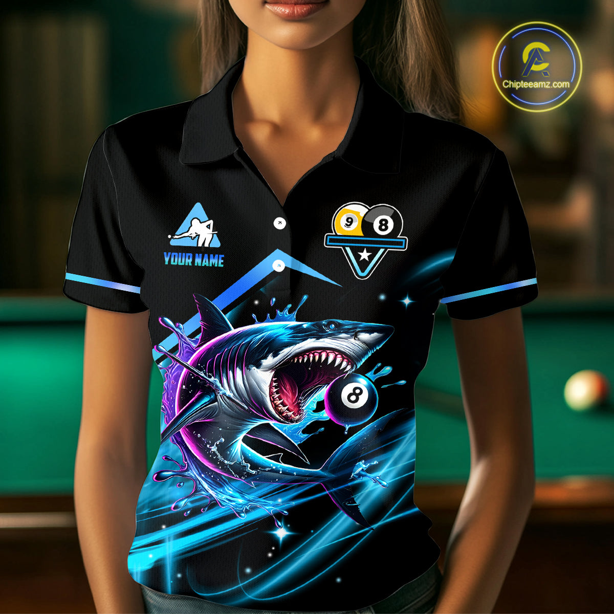 Blue 8 Ball & 9 Ball Pool Billiard Shark Polo & Quarter Zip For Women Custom Team Billiard Jerseys TDM3853