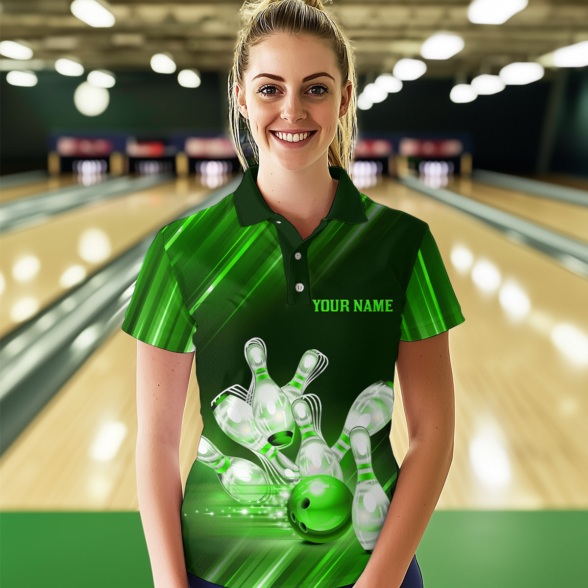 Custom Green Bowling Jersey for Women Bowling Team Shirts Bowling Uniform Polo & 1/4 Zip HNT162