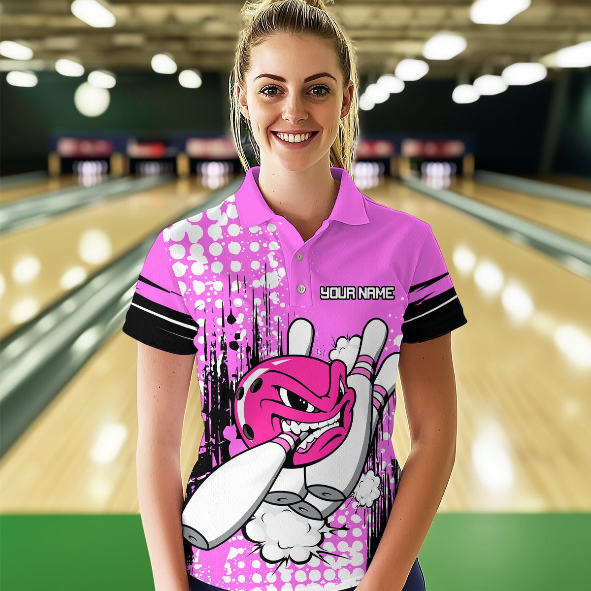 Personalized Pink Funny Crazy Bowling Shirt for Women Polo & Quarter-Zip Bowling Jersey with Team HNT03