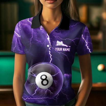 Purple Thunder 8 & 9 Ball Billiards Shirt Women Team Polo & 1/4 Zip Shirts Billiard Jersey NNT17