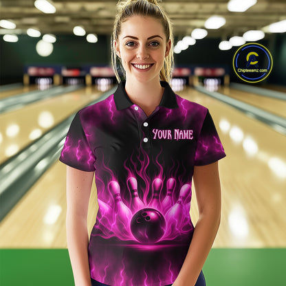 Custom Pink Flame Bowling Shirts for Women Men Team Bowling Polo and Quarter Zip MBL132