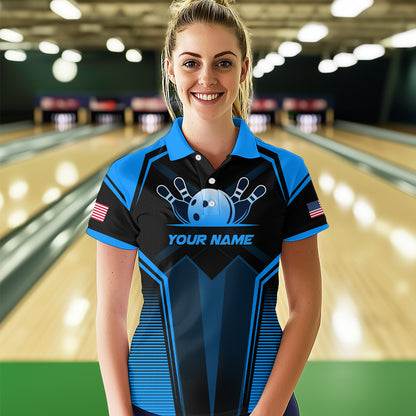 Custom Blue Bowling Jersey for Women Bowling Team Shirts Bowling Uniform Polo & 1/4 Zip HNT158