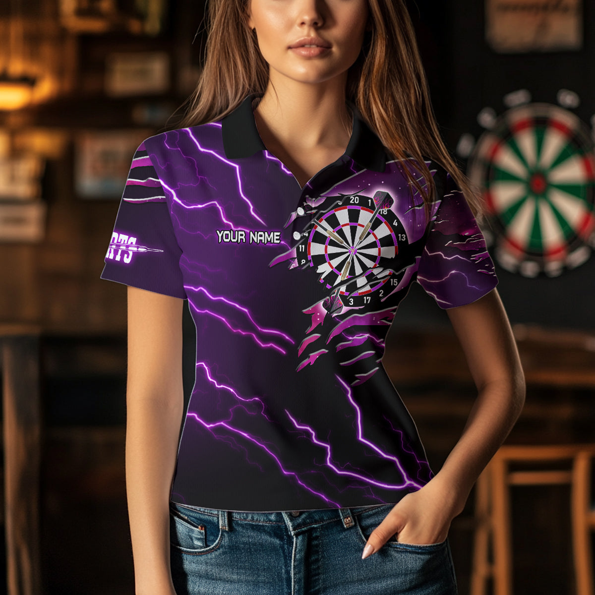 Personalized Thunder Lightning Eagle Purple Darts Shirt Polo & Quarter Zip For Women Dart Team Jersey TDM3578
