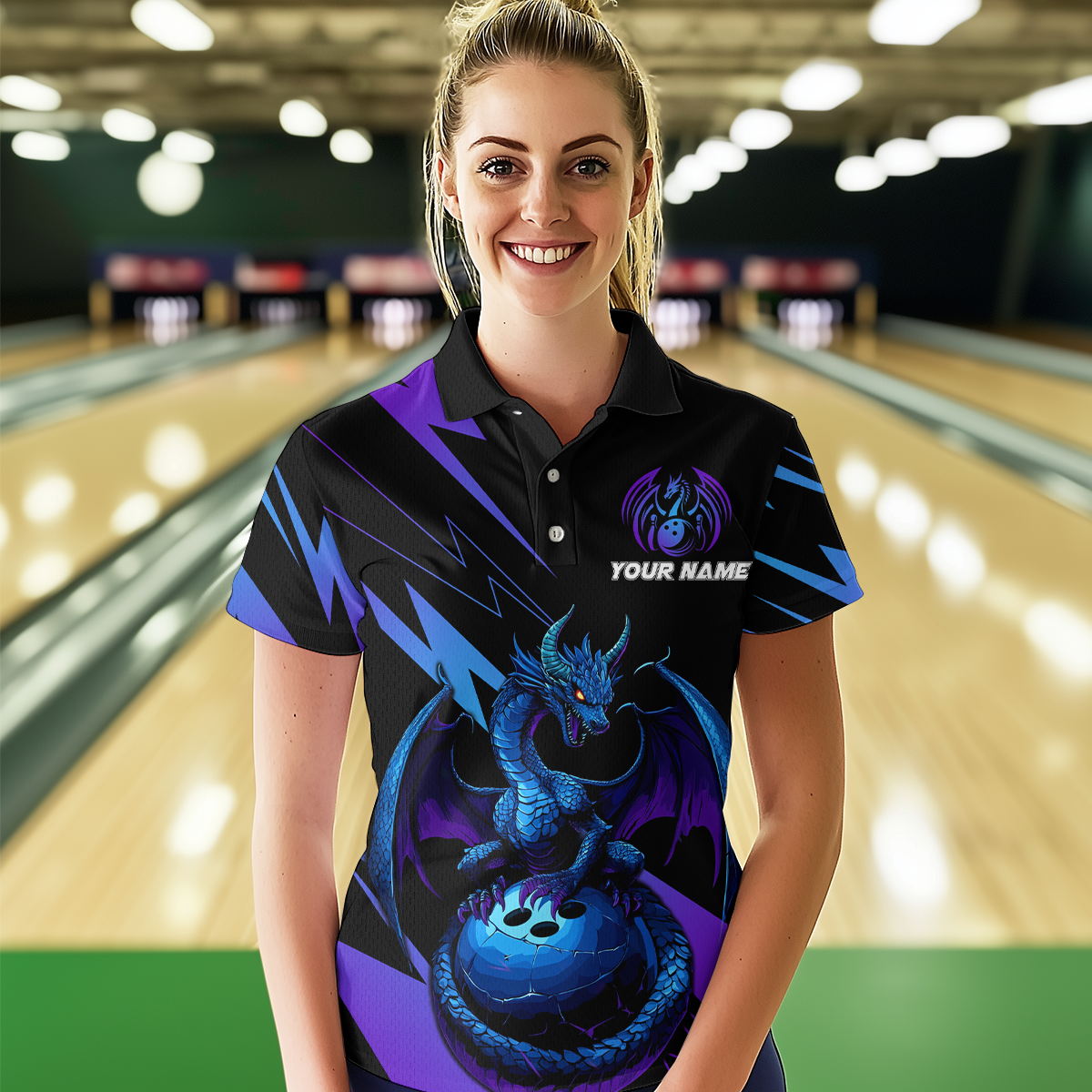 Teal And Purple Dragon Bowling Shirt Custom Name Bowling Jersey Team Bowling Polo Shirts QZT674