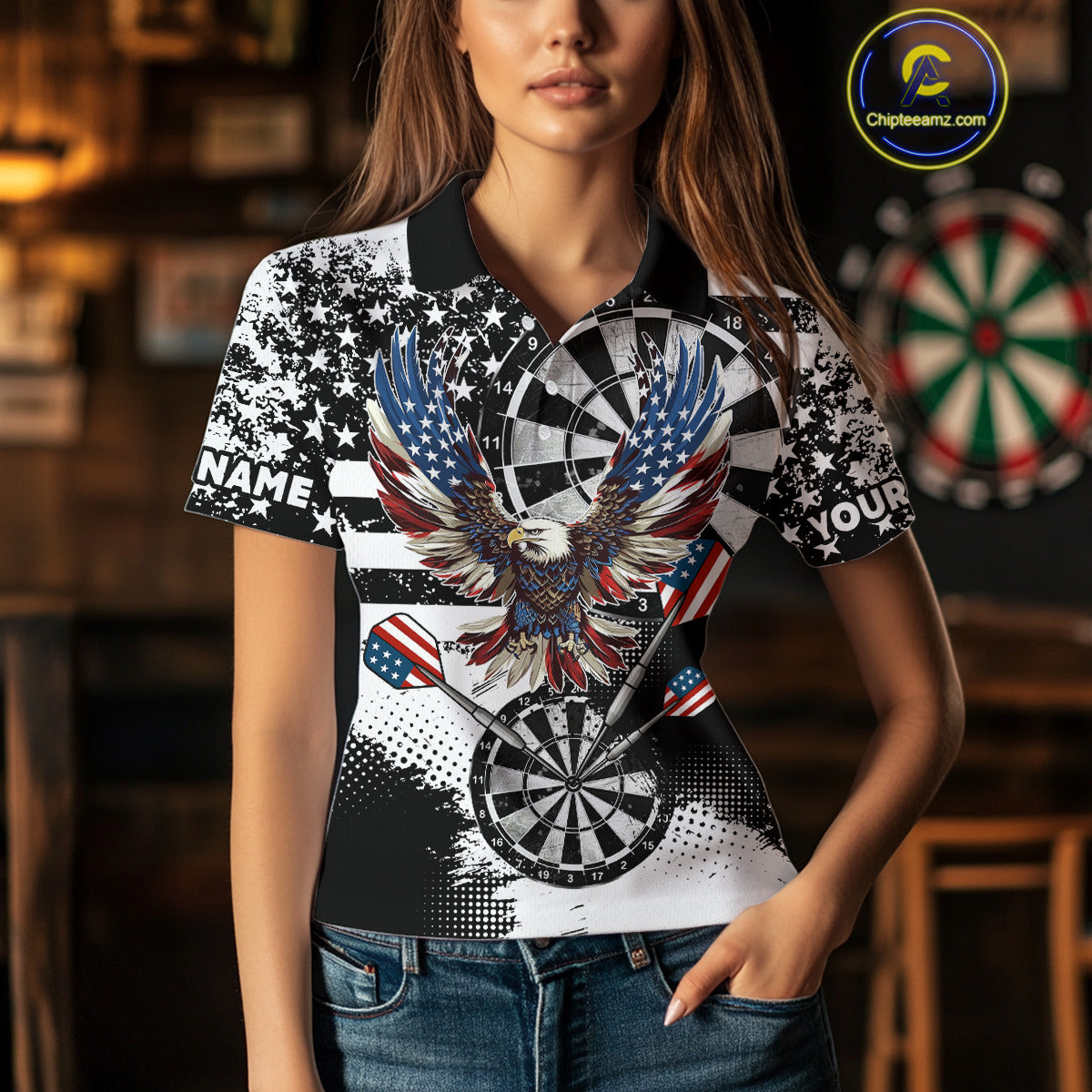 Custom Dart Shirt For Women, Grunge Eagle American Flag Black White Polo, 1/4 Zip Darts Jersey TDM3877