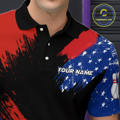 American Flag Bowling Shirt Personalized Patriotic Polo Bowling Team League Gift for Bowlers QZT691