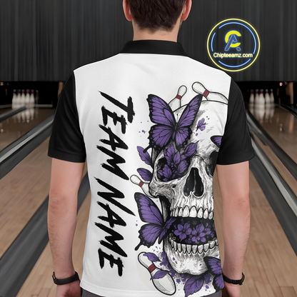 Purple Butterfly Skull Bowling Men Bowling Shirt Polo & Quarter-Zip Bowling Team Jerseys HNT80