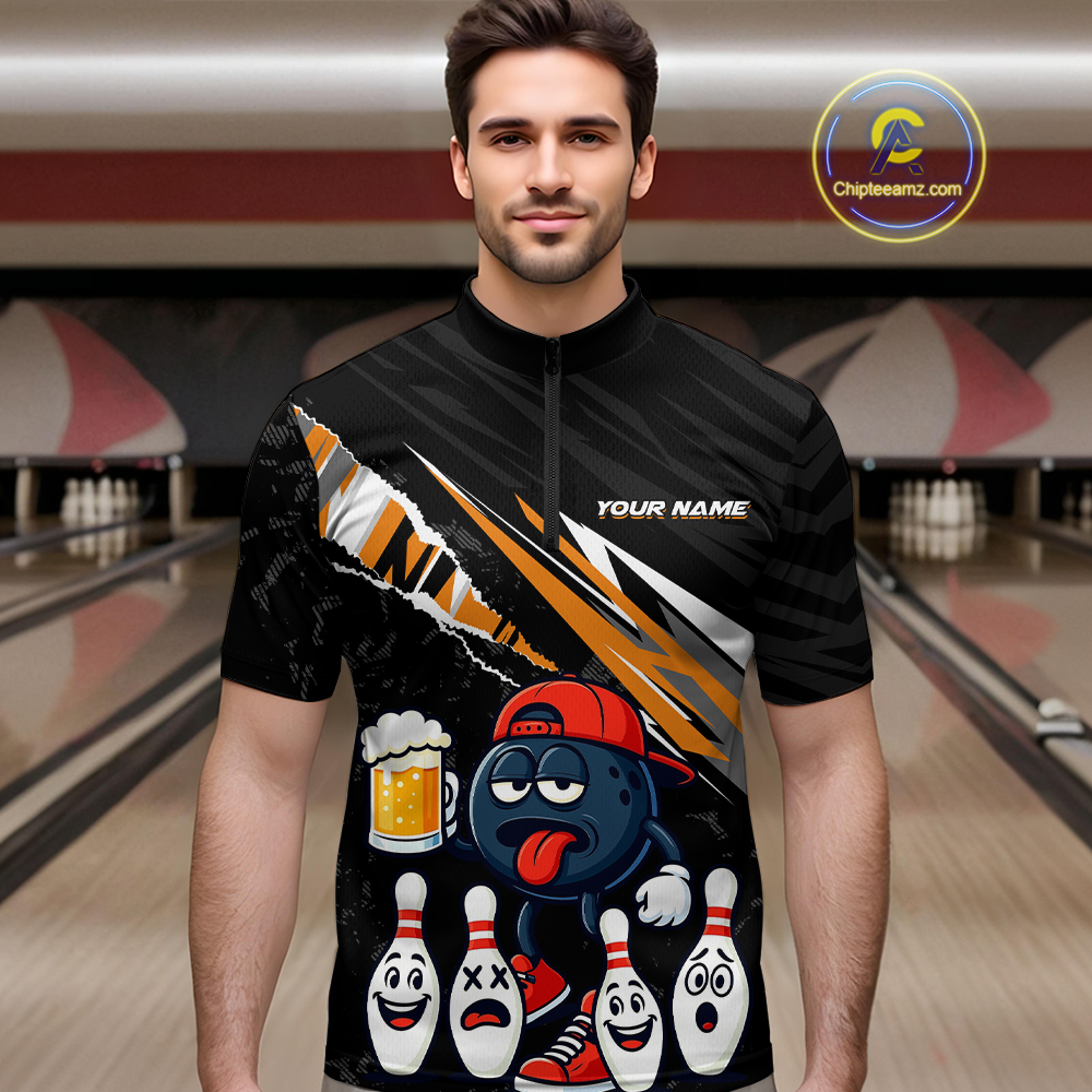 Custom Orange Beer Bowling Jersey for Men Bowling Team Shirts Bowling Uniform Polo & 1/4 Zip HNT133