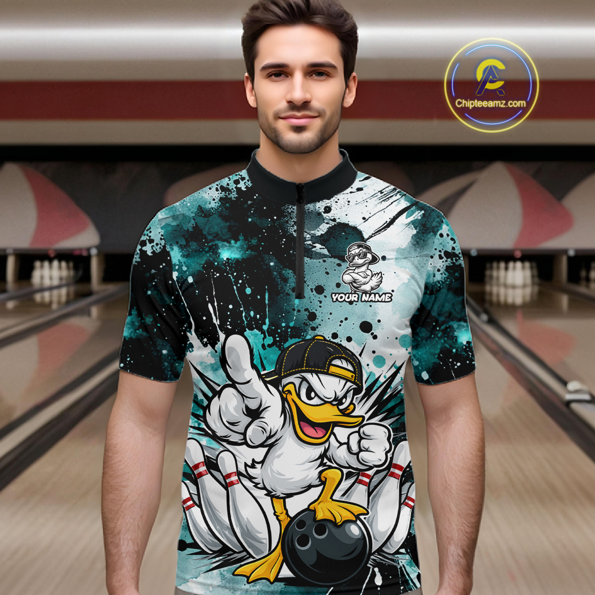 Custom Teal Funny Duck Bowling Jersey for Men Bowling Uniform Polo & 1/4 Zip Bowling Team Shirts HNT237