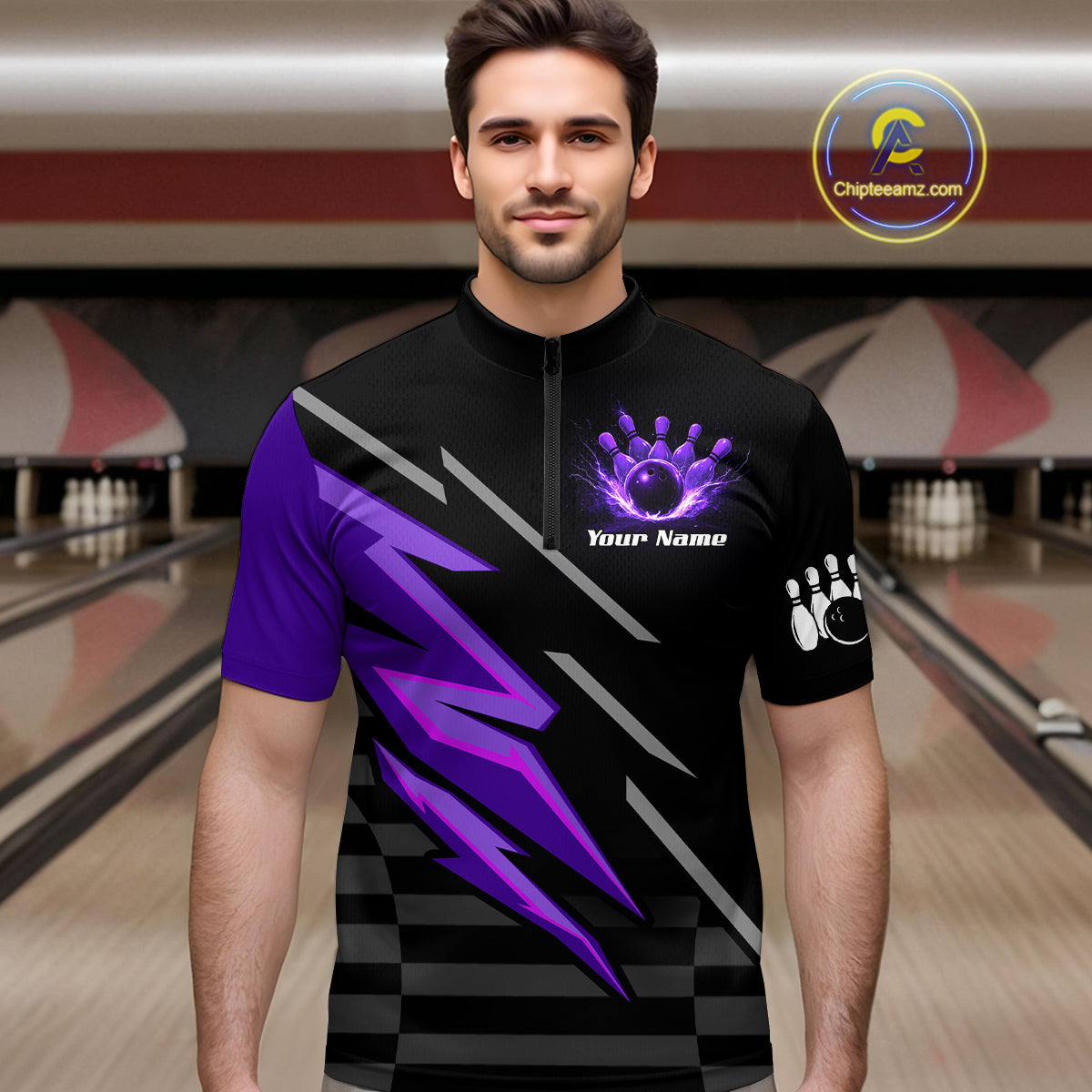 Black and Purple Lightning Bowling Polo, Quarter Zip Shirt for Men Custom Bowling Team League Jersey NQS10907
