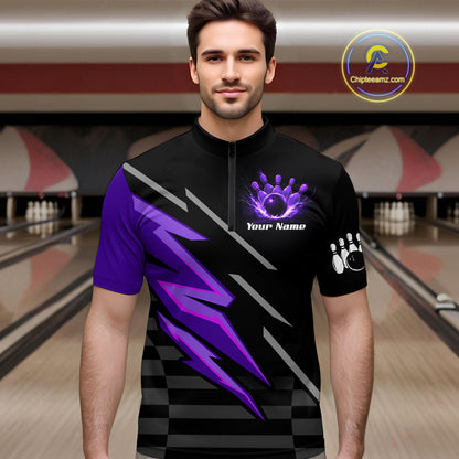 Black and Purple Lightning Bowling Polo, Quarter Zip Shirt for Men Custom Bowling Team League Jersey NQS10907