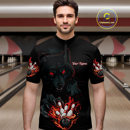 Custom Flame Wolf  Bowling Jersey for Men Bowling Uniform Polo & 1/4 Zip Bowling Team Shirts HNT144